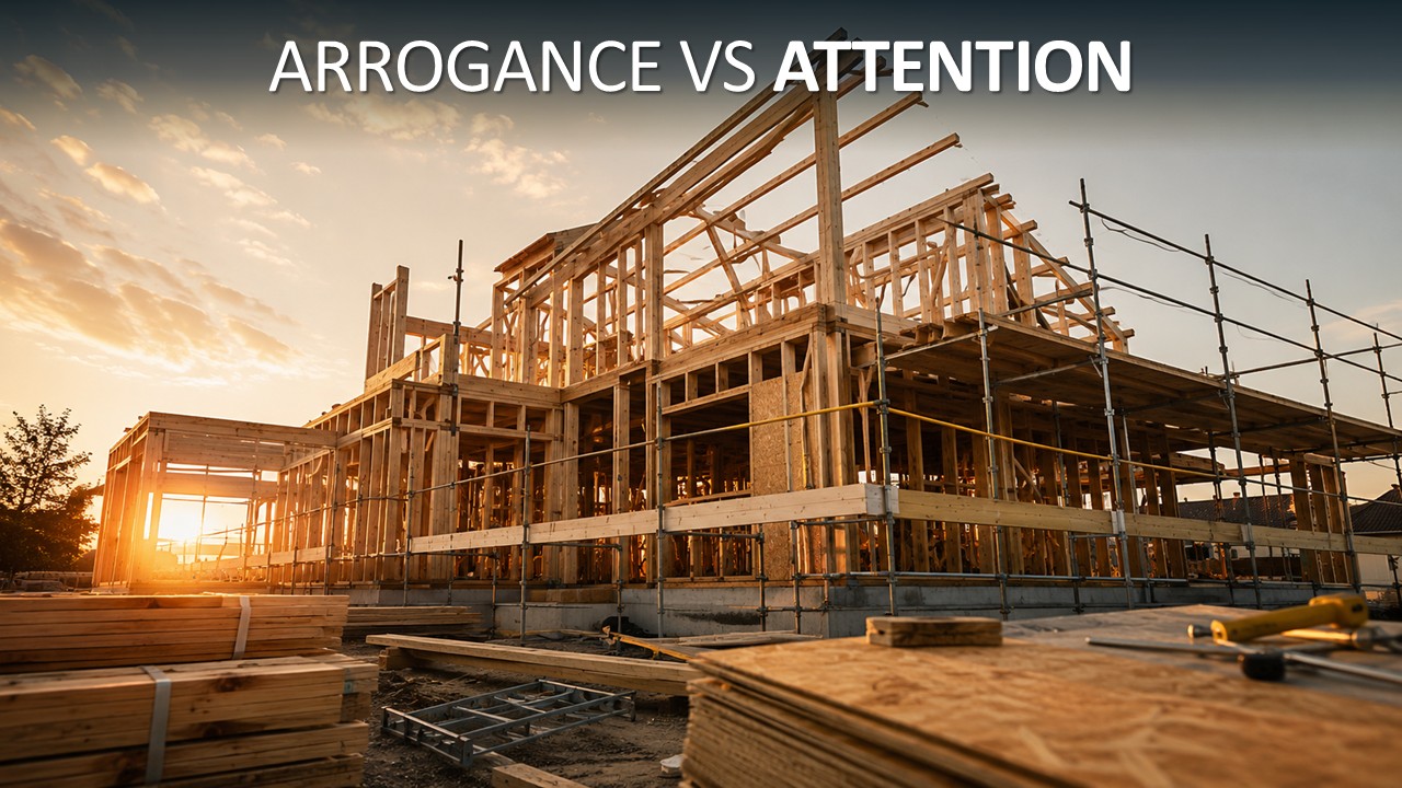 A large house under construction at golden hour, wooden frame and scaffolding visible, roof trusses exposed, stacks of timber and construction materials in the foreground. Text overlay reads: ARROGANCE VS ATTENTION.