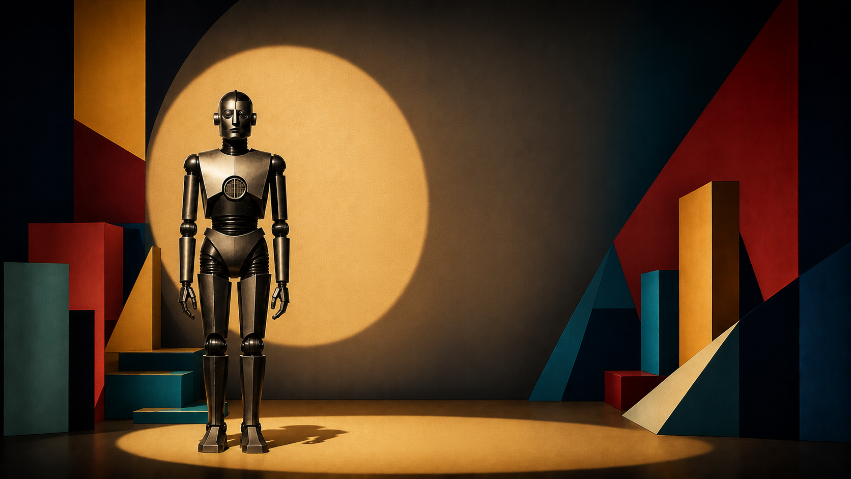 A bronze humanoid robot stands in a spotlight against a bold geometric backdrop of deep red, teal, gold and black.