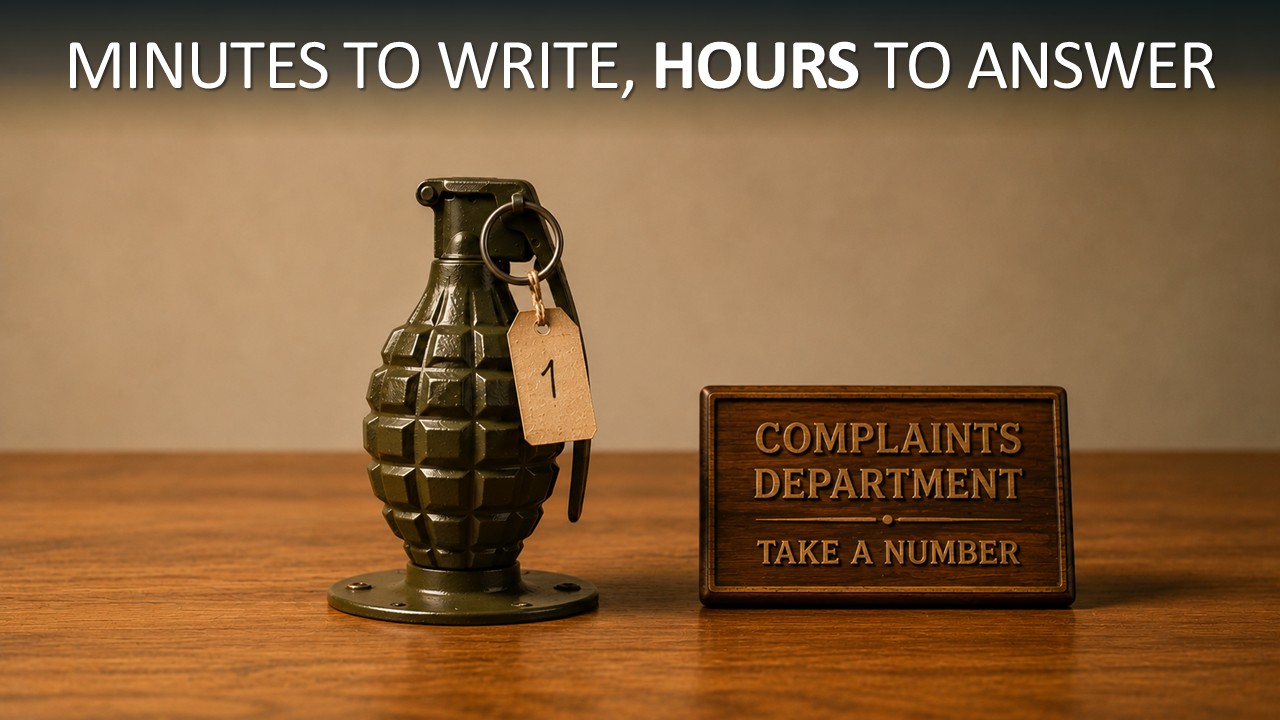 A vintage hand grenade mounted upright on a bolted metal base sits on a polished wooden desk, with a paper ticket numbered "1" hanging from its pin ring. Beside it, an engraved wooden desk sign reads "Complaints Department — Take a Number." Headline text across the top reads "Minutes to write, hours to answer."