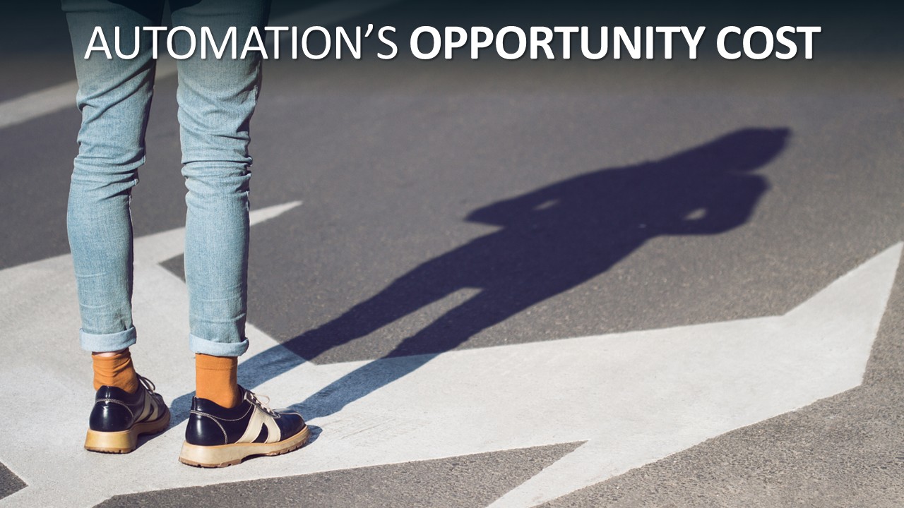 Person standing at a crossroads with diverging path arrows on the ground, casting a long shadow, illustrating the decision point at the heart of automation's opportunity cost.