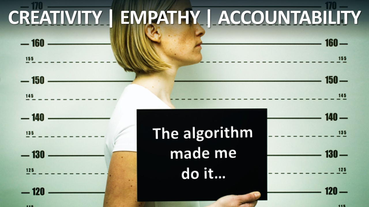 Woman in a police lineup holding a sign reading 'The algorithm made me do it', illustrating the accountability deficit that emerges when humans defer responsibility to AI systems.