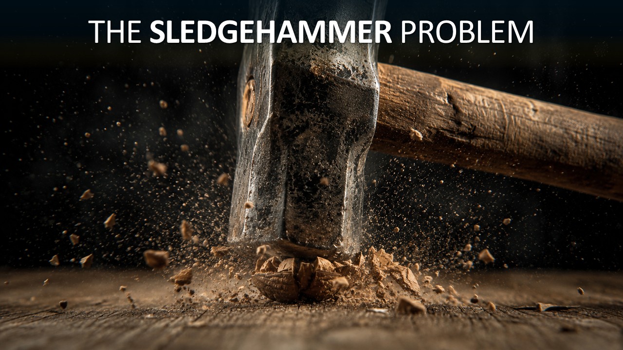 Header image for The Sledgehammer Problem — a sledgehammer strikes a walnut, illustrating the cost of using AI's most powerful models for tasks that don't need them.