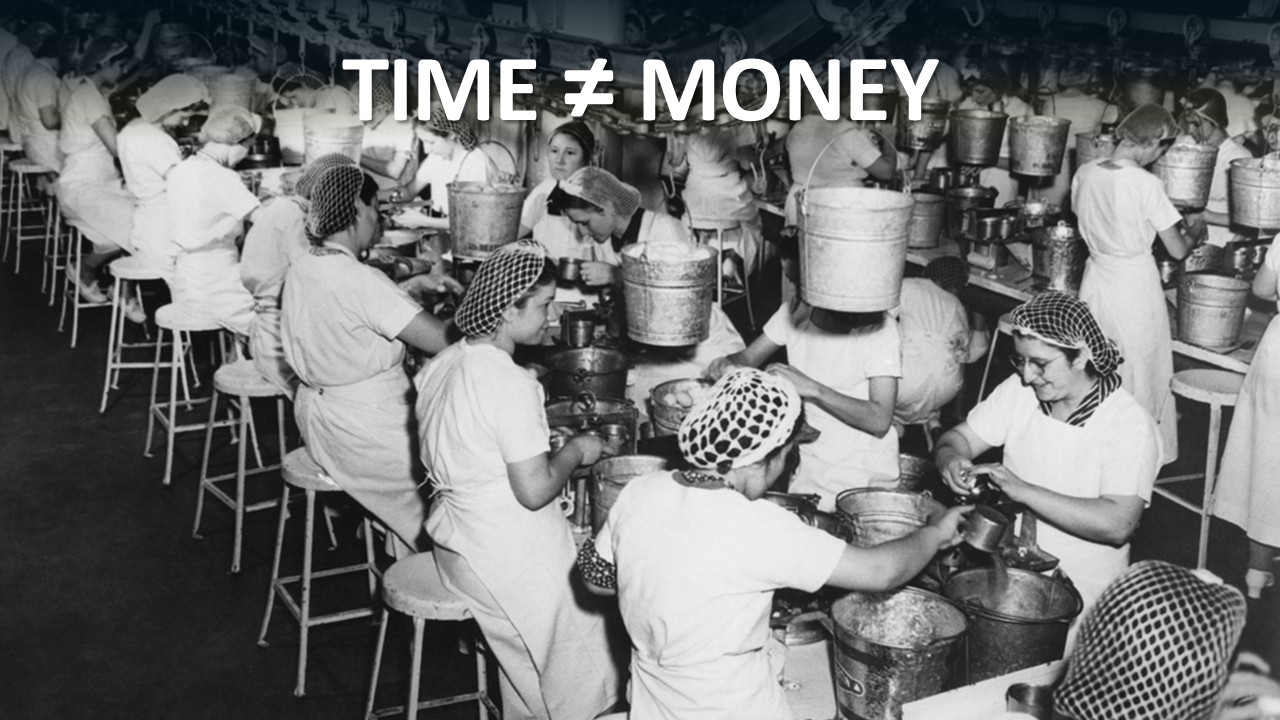 Black and white historical photograph of factory workers on an industrial production line, illustrating the assembly-line thinking that equated human time with economic output.