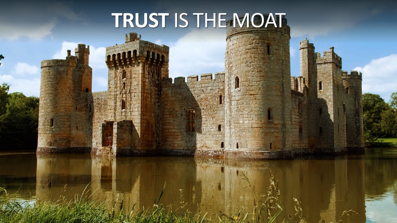 Bodiam Castle surrounded by its still moat, with the headline "Trust is the Moat" overlaid above the turrets